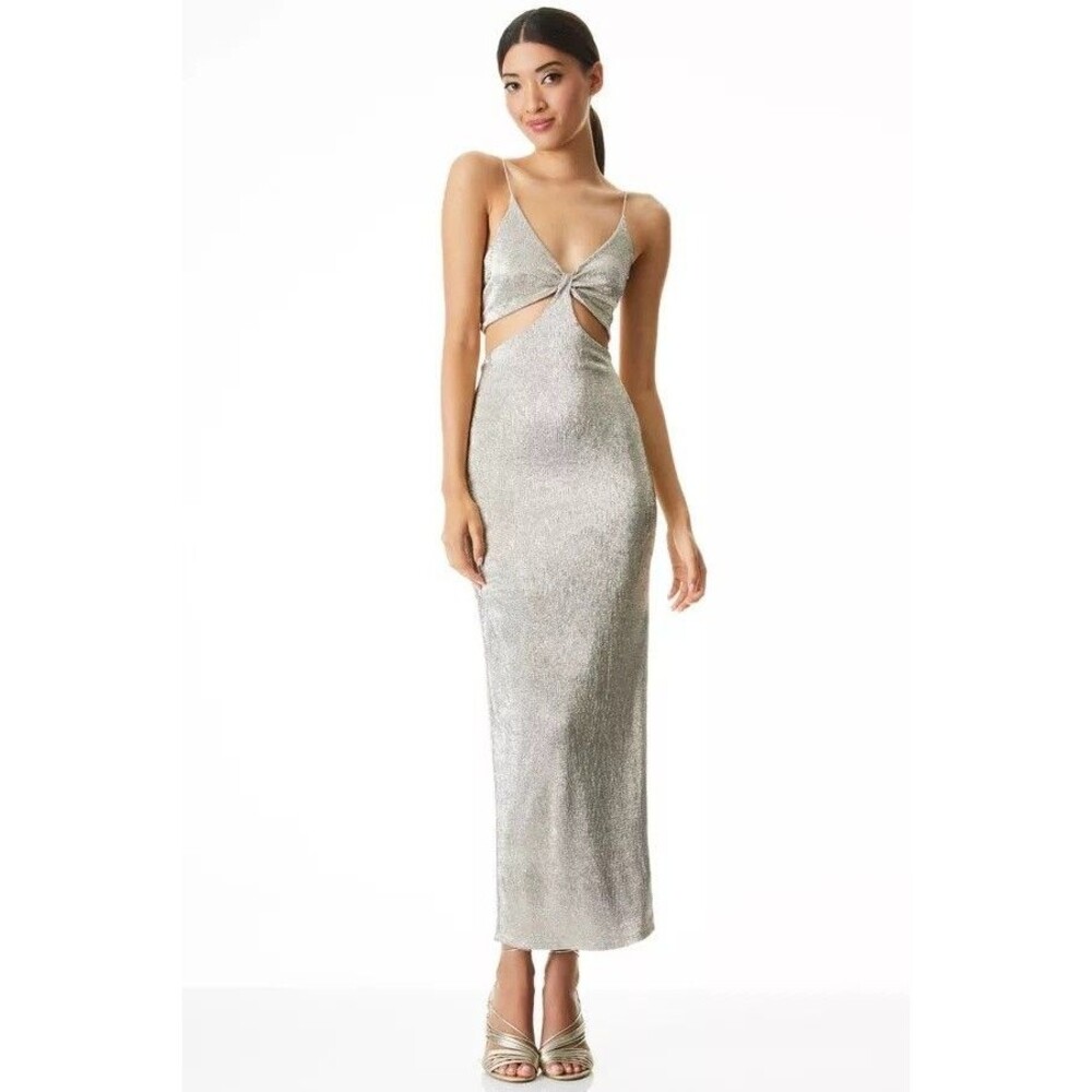 Alice + Olivia Metallic Maxi Dress Grey Gold Cutout Havana Size 6 NWT